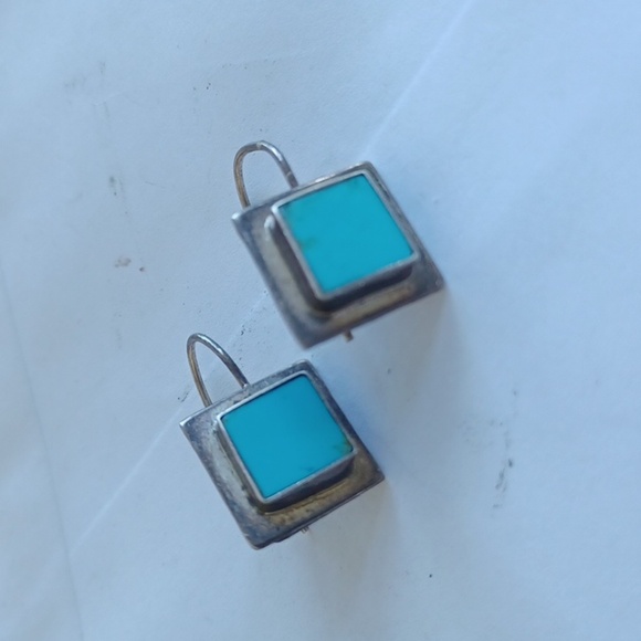 VTG MEXICO 925 BLUE TURQUOISE DANGLE MINIMALIST GEOMETRIC SQ EARRINGS - Picture 1 of 3